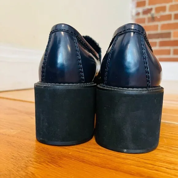 Jil Sander Navy Blue Leather Platform Shoes Eur 38.5 US 8 Chunky Loafers - Picture 11 of 15